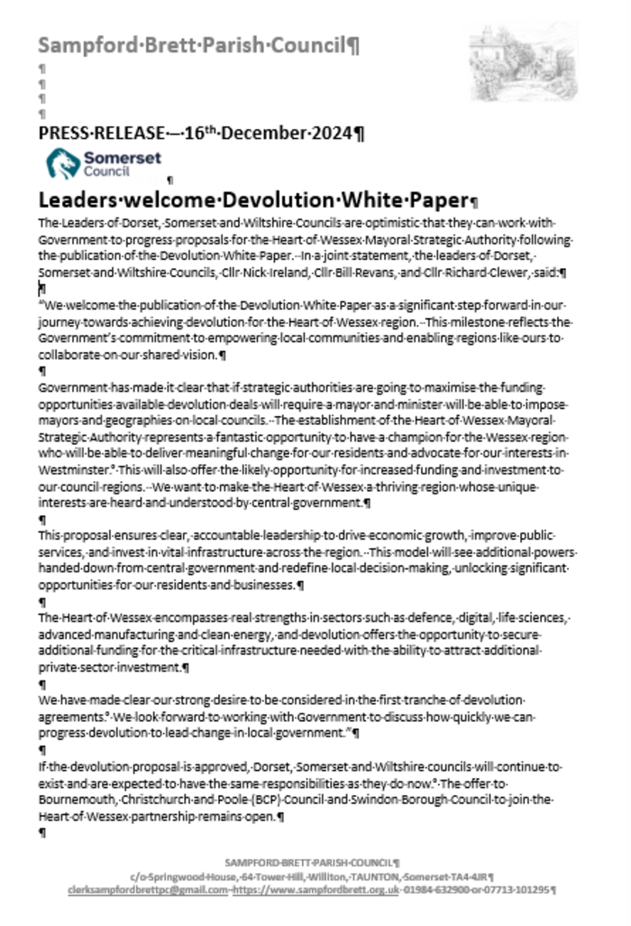 Leaders welcome Devolution White Paper | Sampford Brett - A West ...